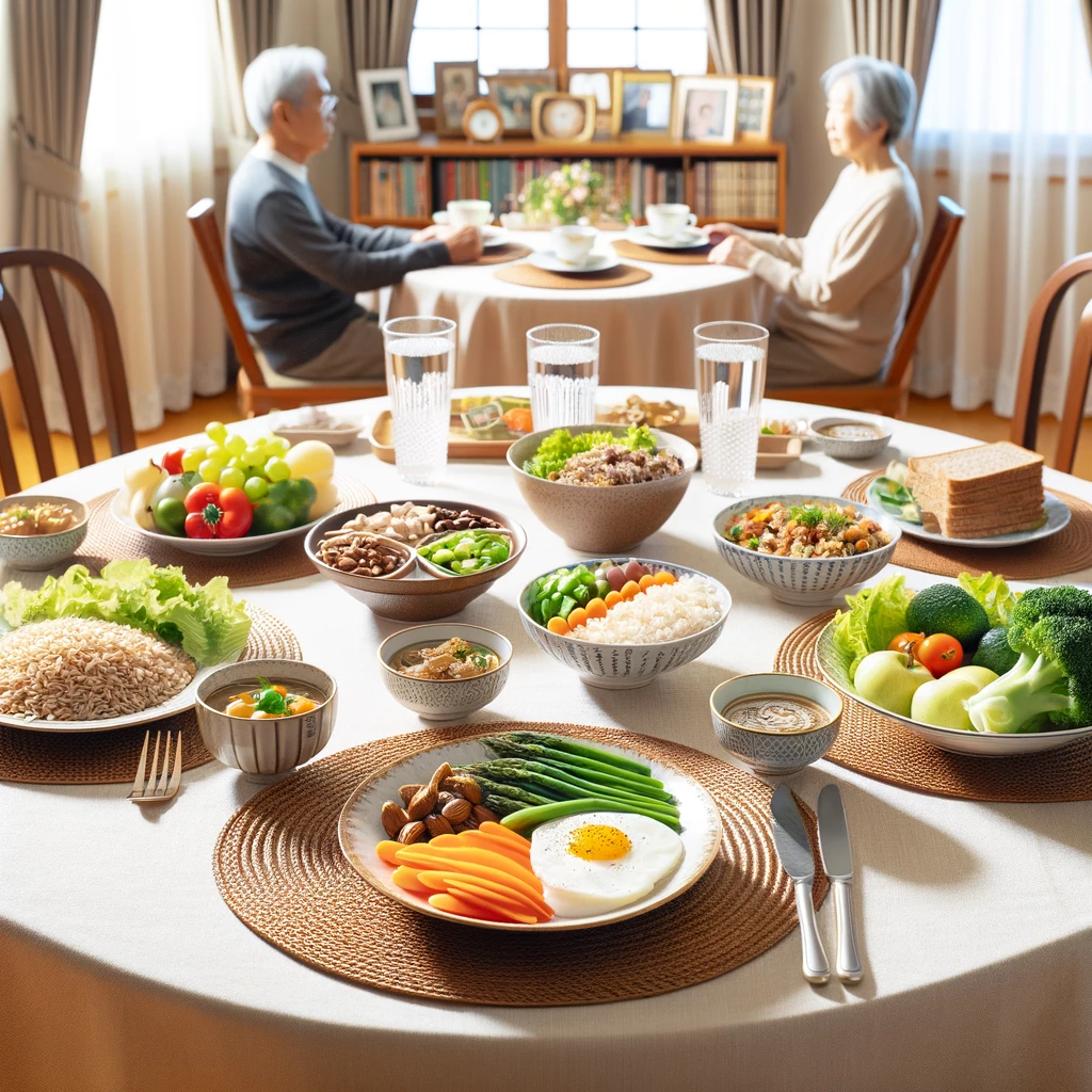 A dining table set with a balanced meal plan for seniors, featuring dishes with grains, proteins, and vegetables. The setting is a cozy dining room, aiming to illustrate a nutritious and well-balanced diet in a typical Japanese household.