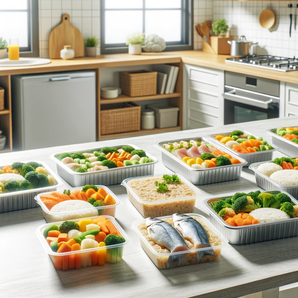 A kitchen counter with a variety of healthy frozen meals for seniors, including colorful vegetables, fish, and rice dishes. The scene is set in a modern Japanese kitchen, reflecting the convenience and nutritional focus of frozen meals for the elderly.